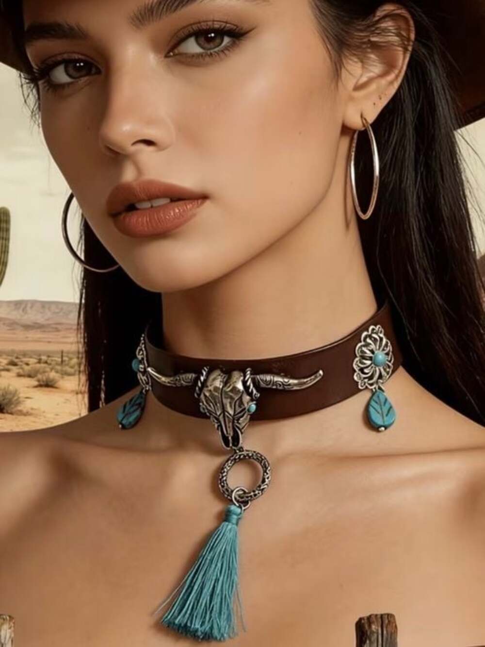Western Turquoise Tassel Leather Choker Necklace - Unbranded